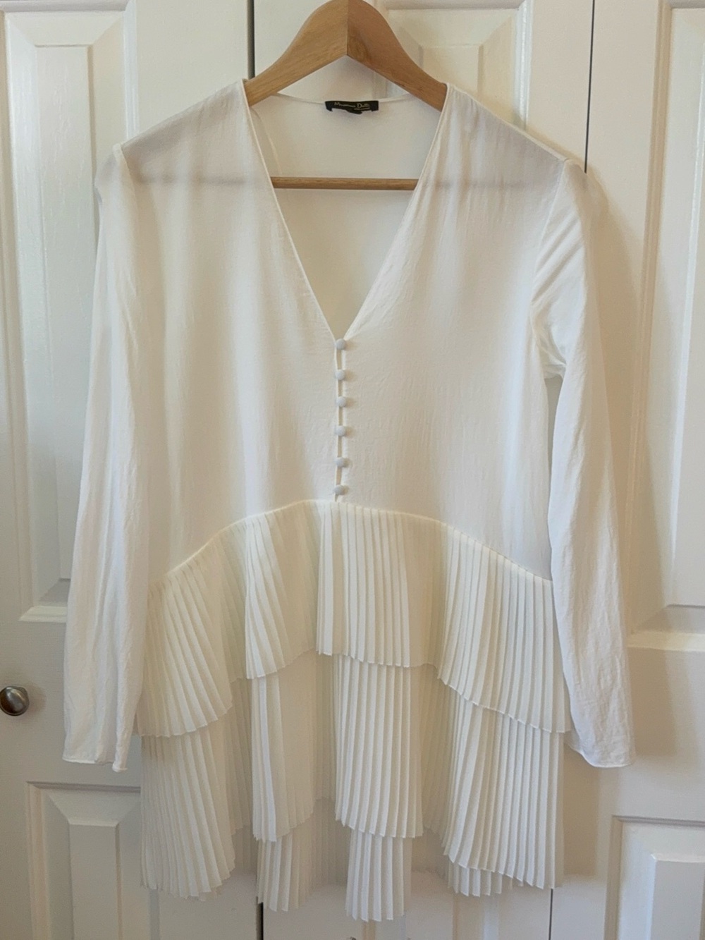 Massimo Dutti Cream V-Neck Pleated Tiered Mini Dress